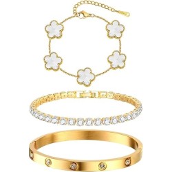 Womens Stackable Floral Gold Bracelets - 3Pcs 18K Gold Plated Bracelet