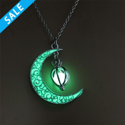 ilver Crescent Moon and Orb Necklace - Glowing Blue Moon Charm